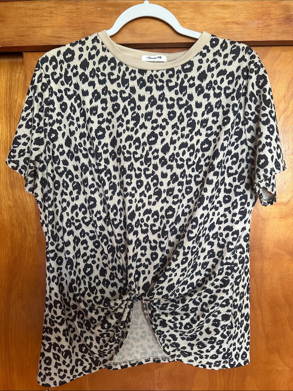 Leopard Print Knot Front Short Sleeve Tee - Beige/Black